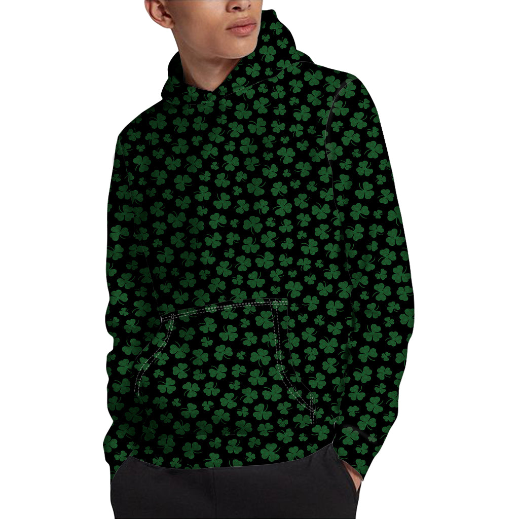 Black And Green Shamrock Pattern Print Pullover Hoodie