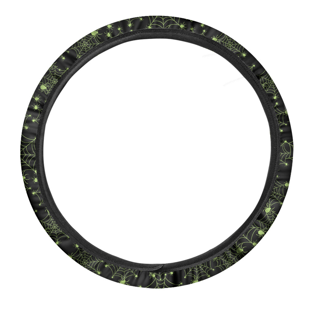 Black And Green Spider Web Pattern Print Car Steering Wheel Cover