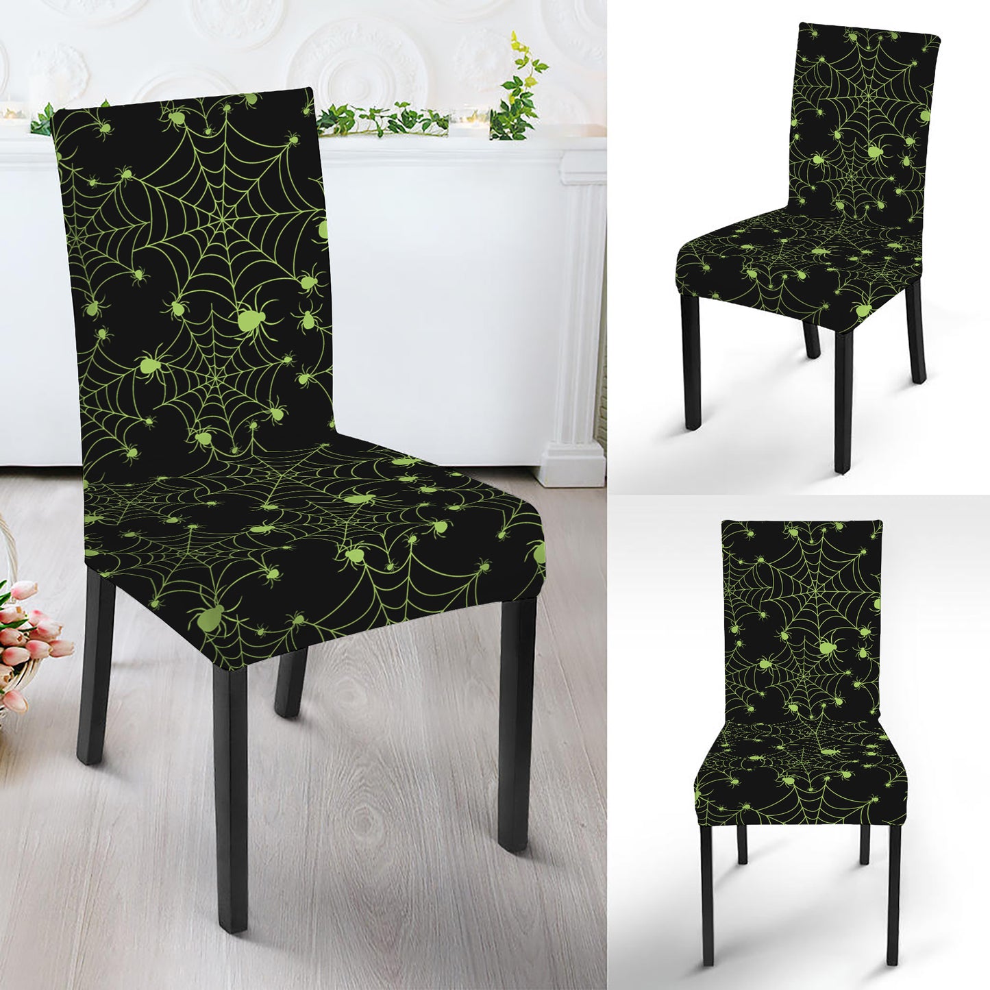 Black And Green Spider Web Pattern Print Dining Chair Slipcover
