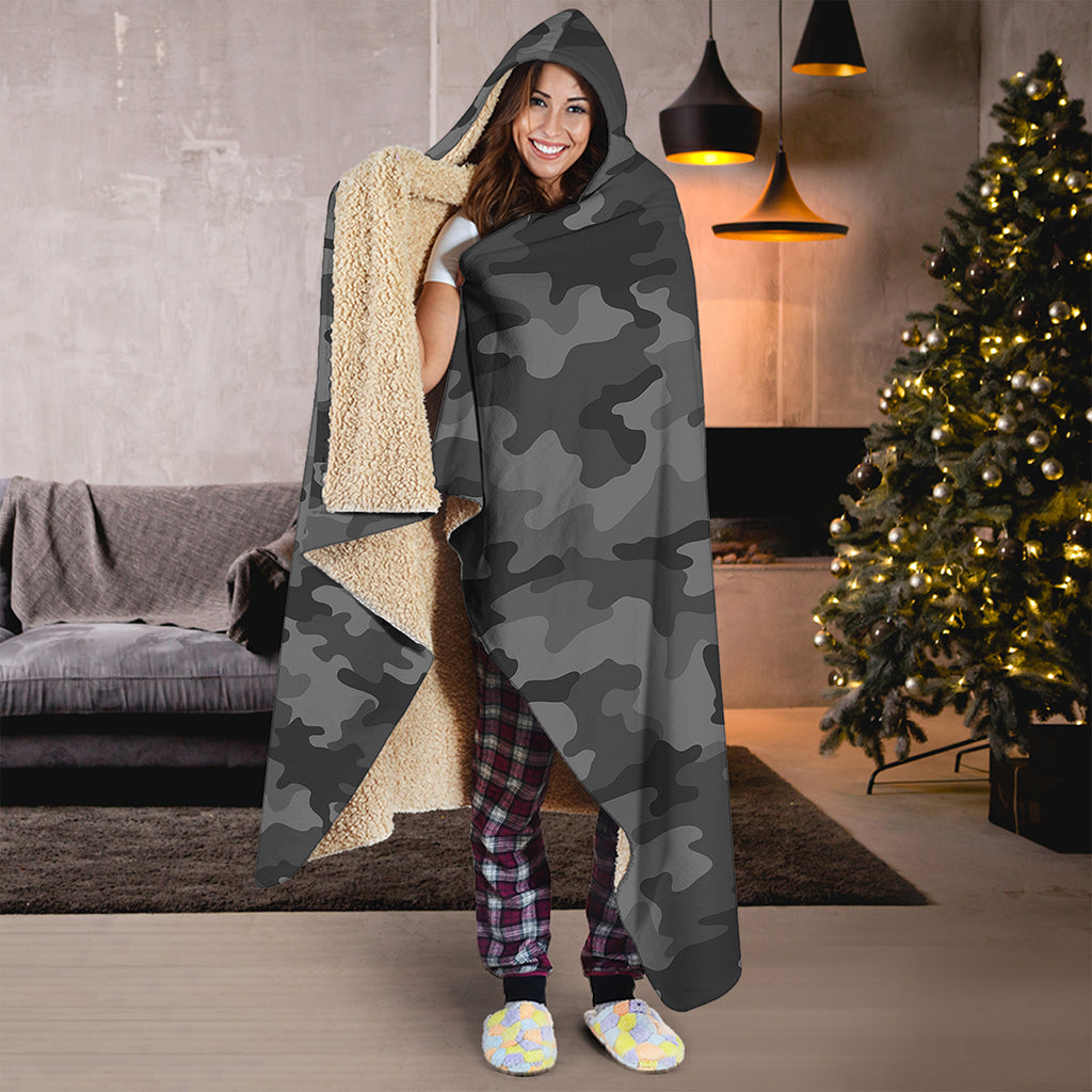 Black And Grey Camouflage Print Hooded Blanket