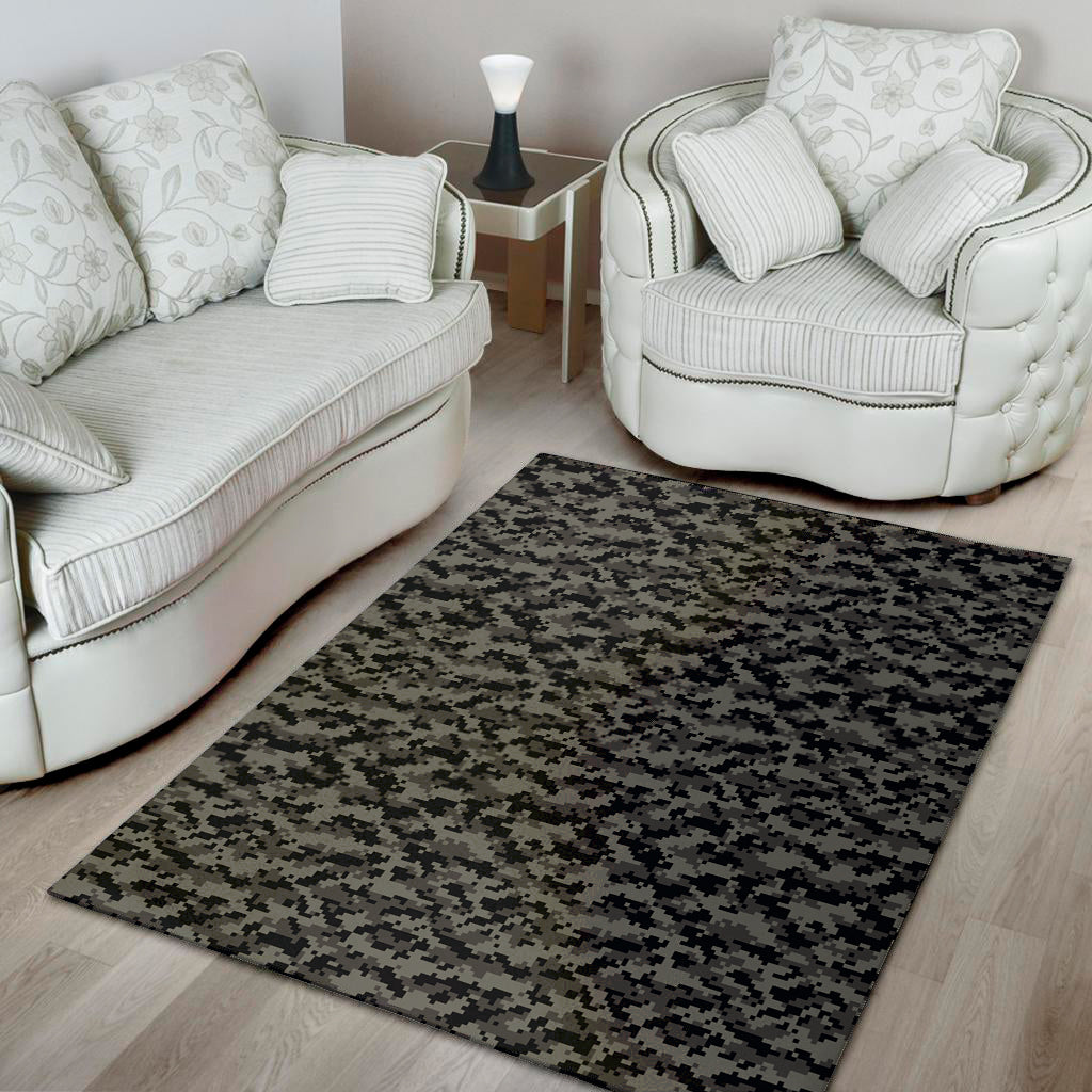 Black And Grey Digital Camo Print Area Rug