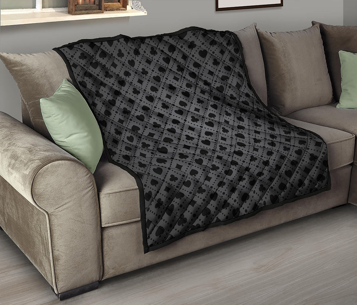 Black And Grey Playing Card Suits Print Quilt