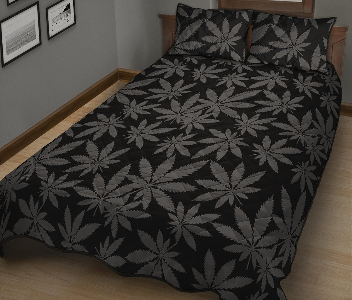 Black And Grey Pot Leaf Pattern Print Quilt Bed Set