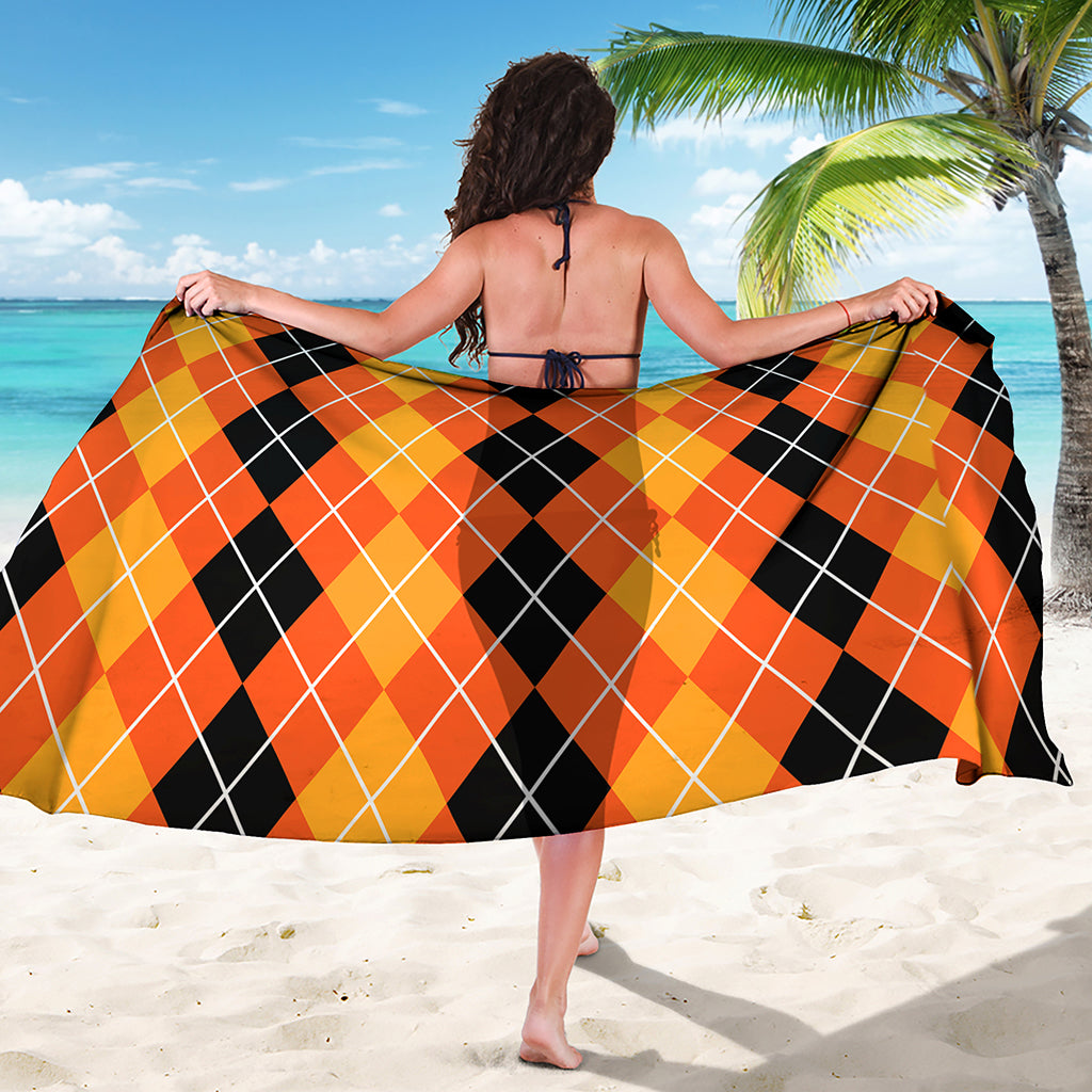 Black And Orange Argyle Pattern Print Beach Sarong Wrap