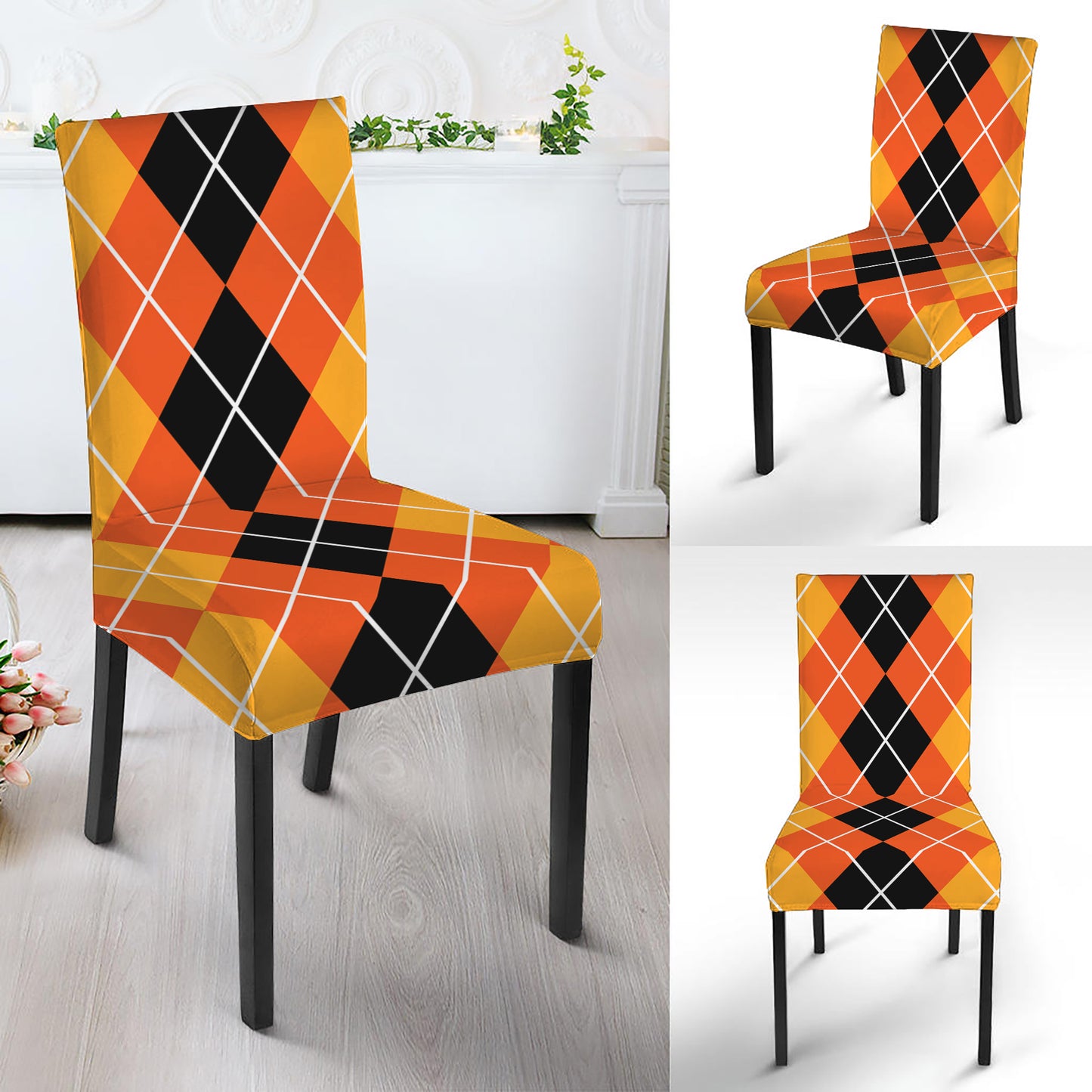 Black And Orange Argyle Pattern Print Dining Chair Slipcover