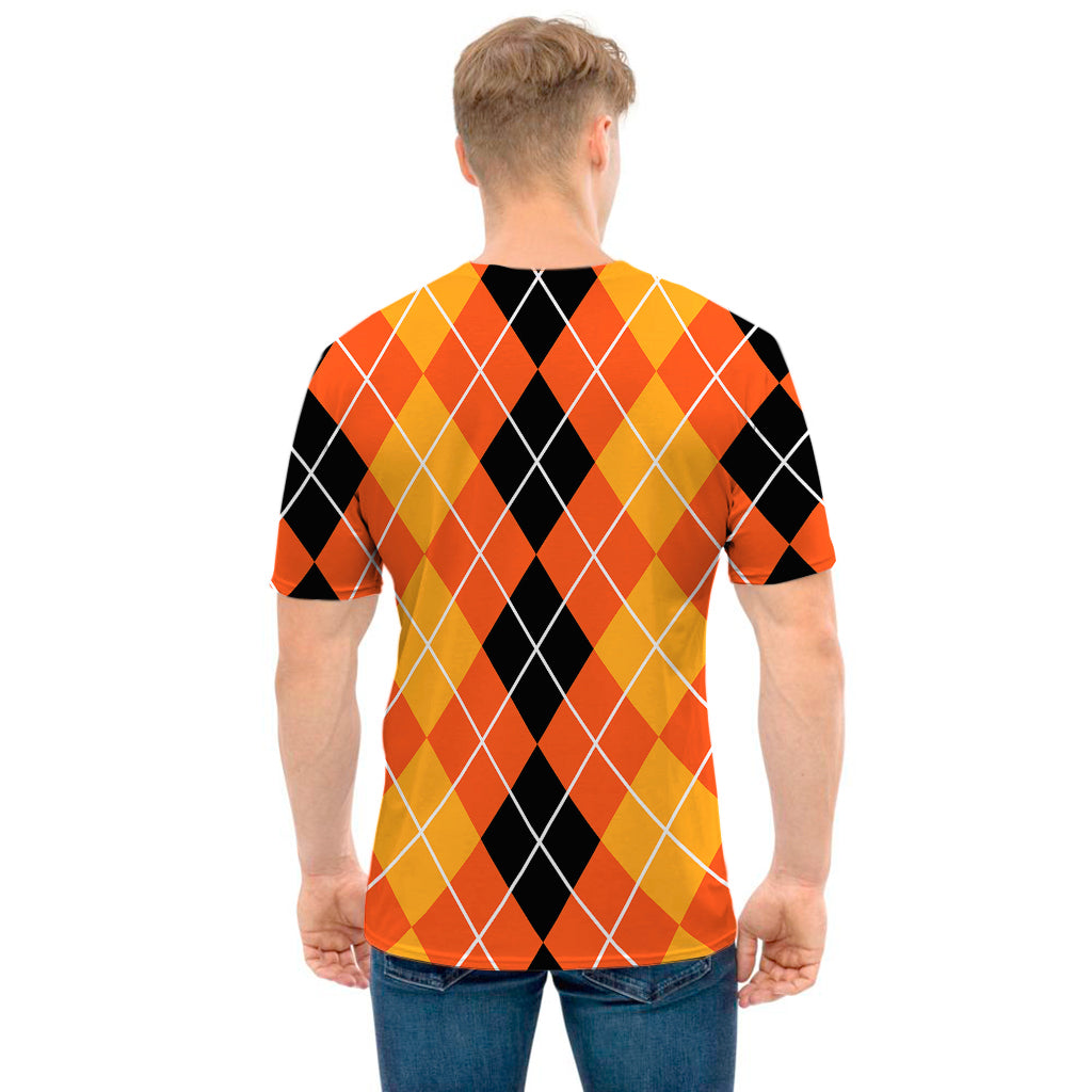 Black And Orange Argyle Pattern Print Men's T-Shirt