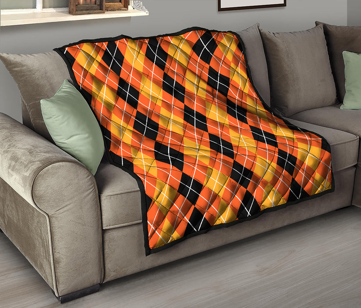 Black And Orange Argyle Pattern Print Quilt