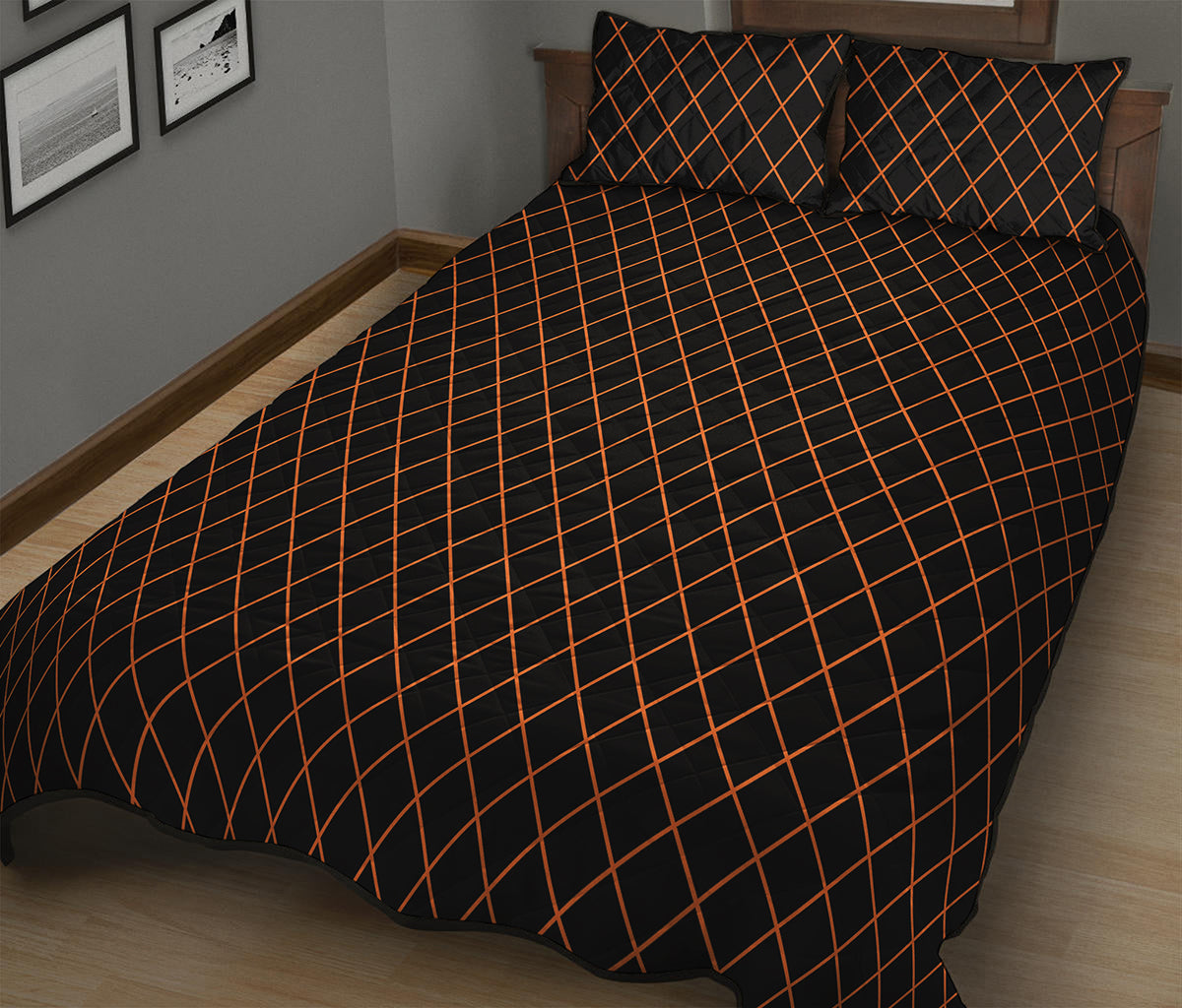 Black And Orange Harlequin Print Quilt Bed Set