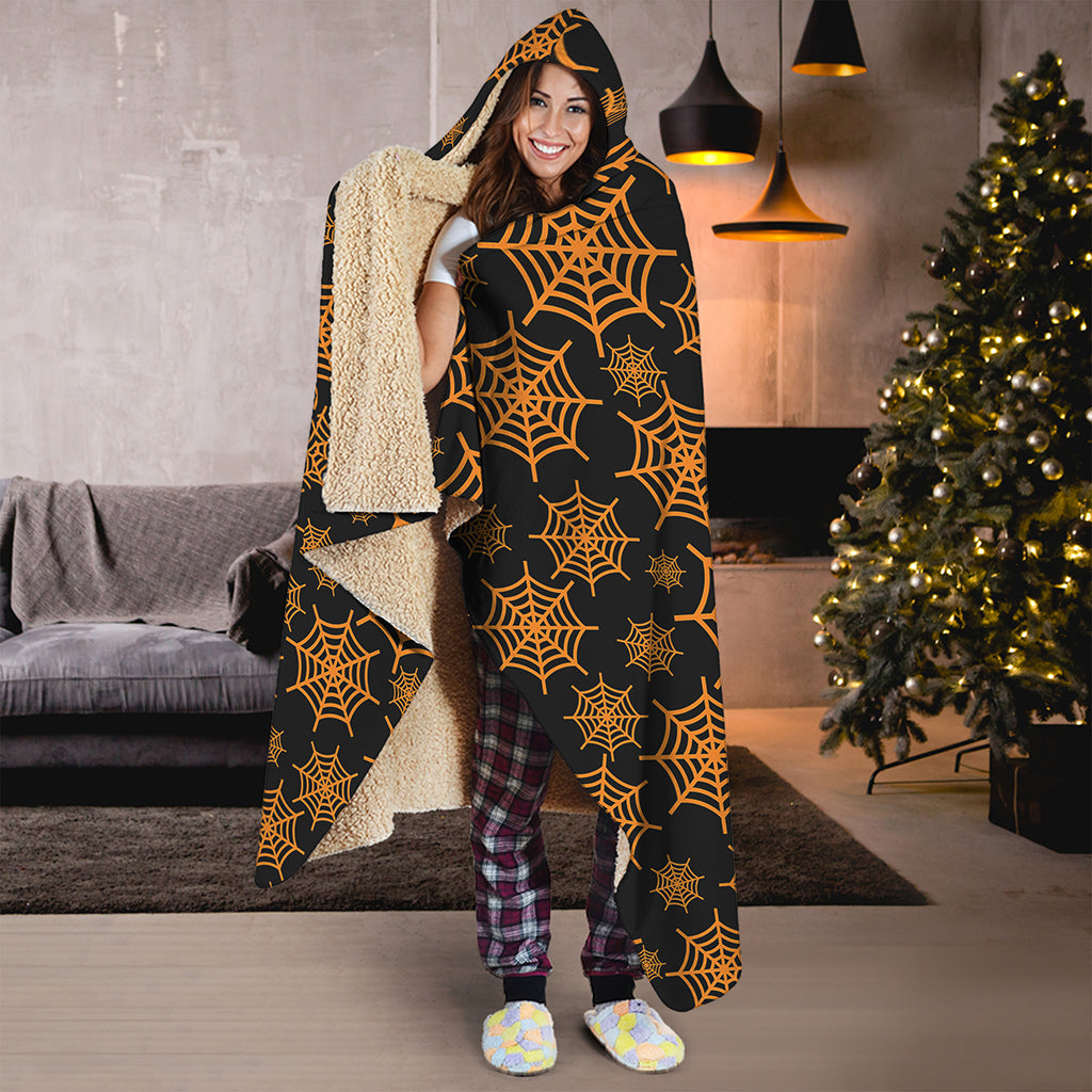 Black And Orange Spider Web Print Hooded Blanket
