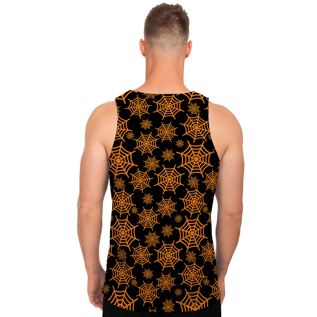Black And Orange Spider Web Print Men's Tank Top