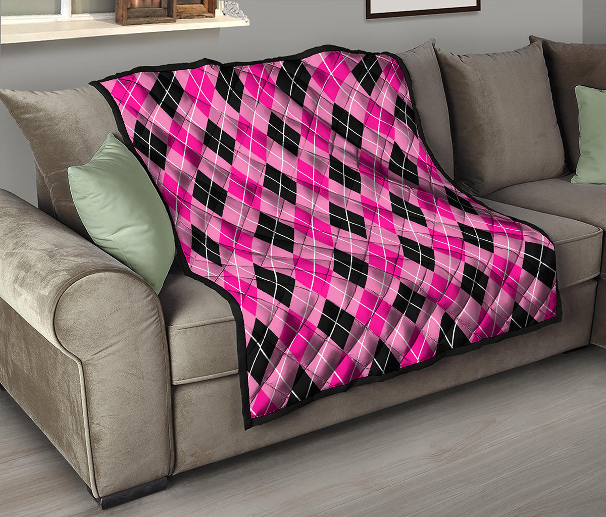 Black And Pink Argyle Pattern Print Quilt