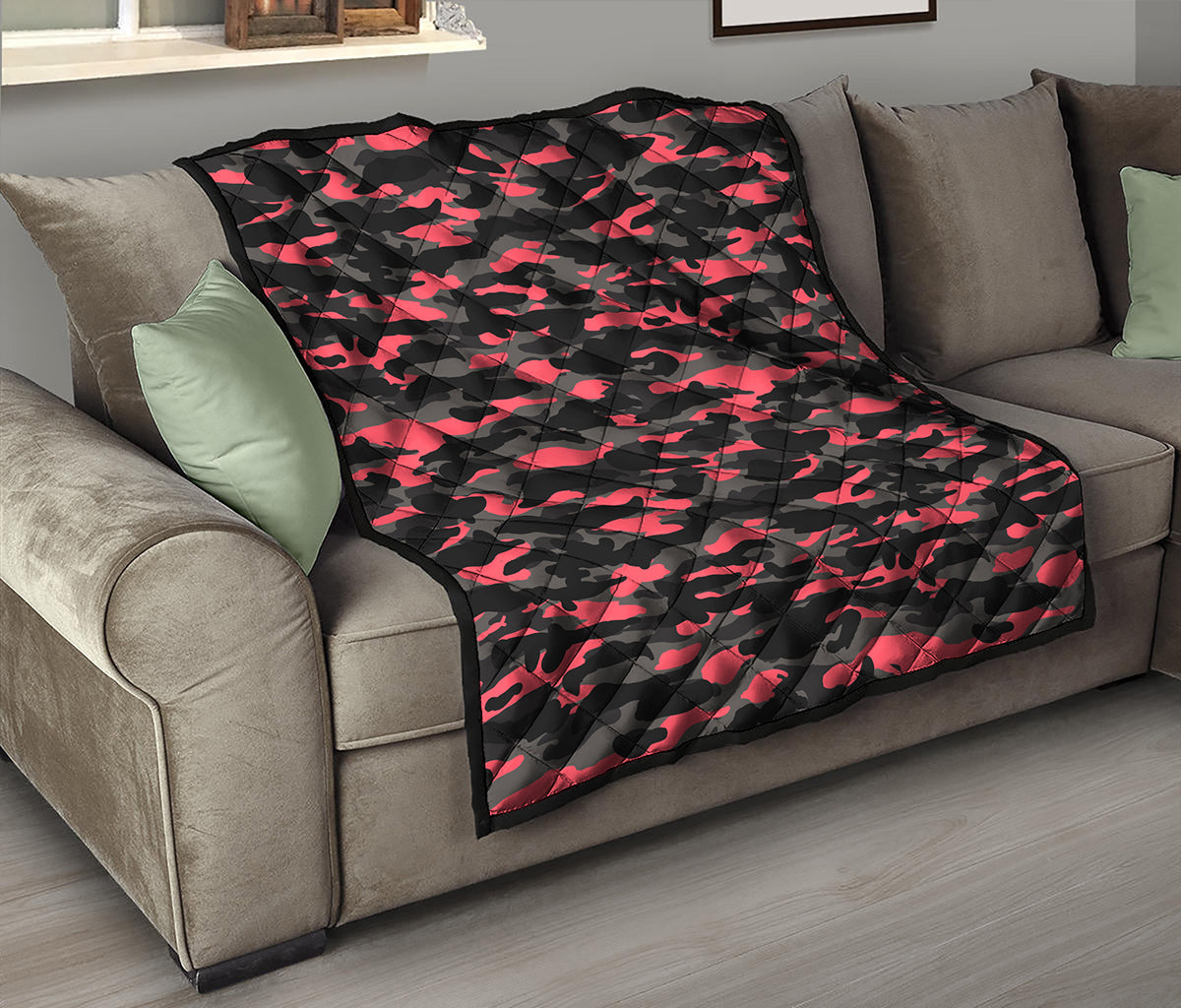 Black And Pink Camouflage Print Quilt