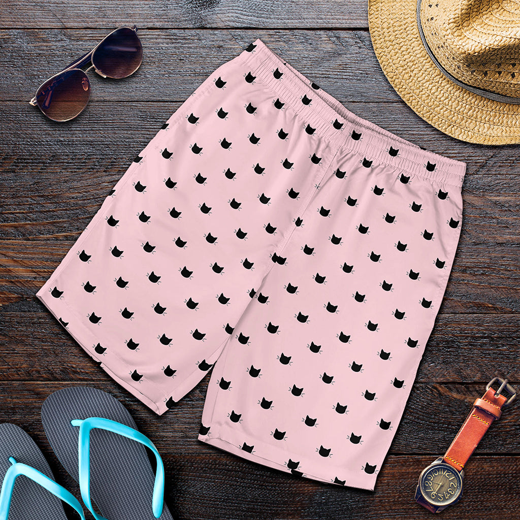 Black And Pink Cat Pattern Print Men's Shorts