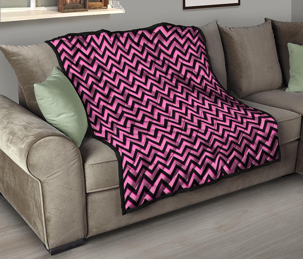 Black And Pink Chevron Pattern Print Quilt