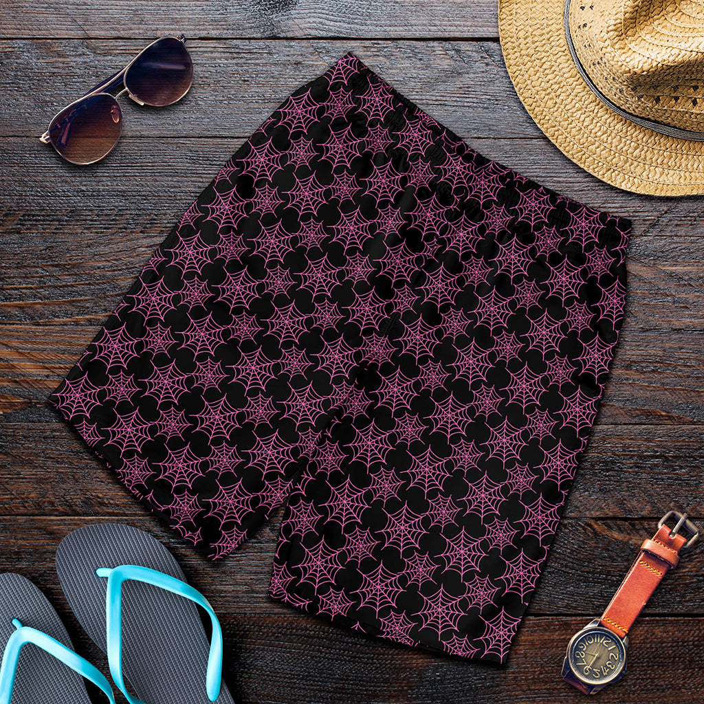 Black And Pink Spider Web Pattern Print Men's Shorts