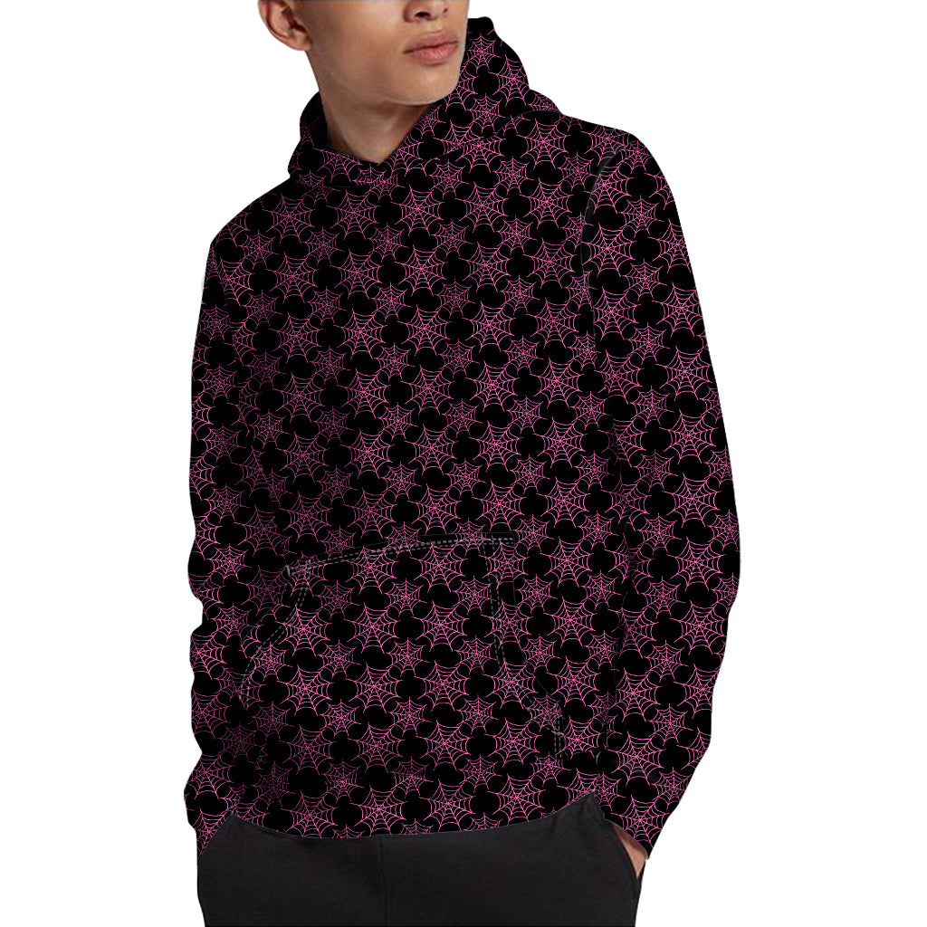 Black And Pink Spider Web Pattern Print Pullover Hoodie