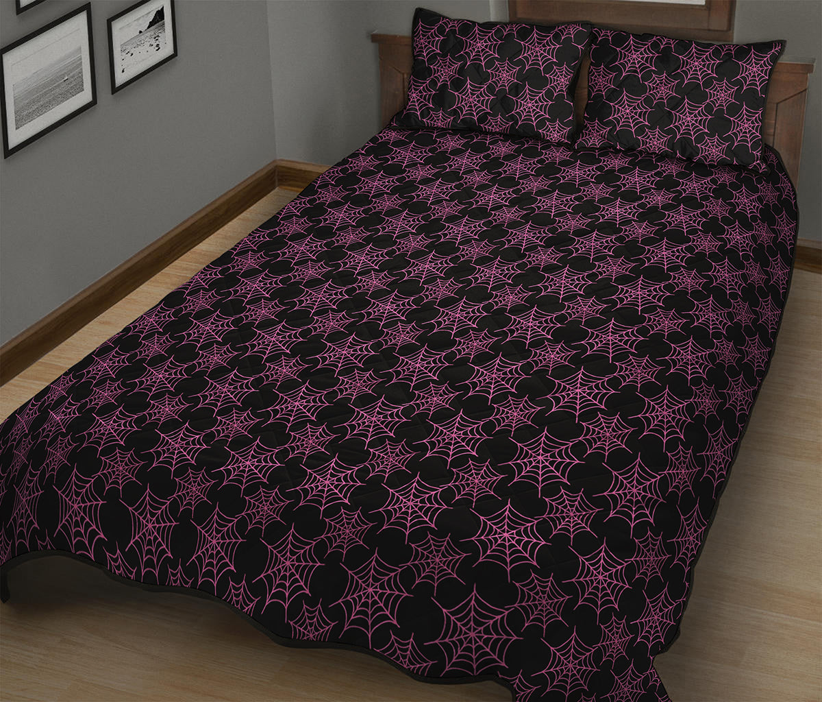 Black And Pink Spider Web Pattern Print Quilt Bed Set