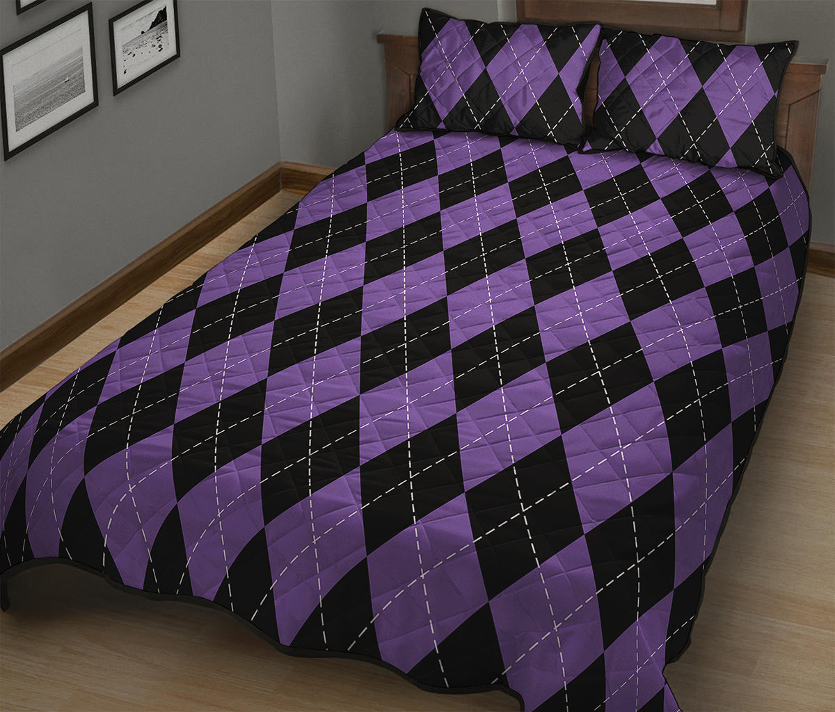 Black And Purple Argyle Pattern Print Quilt Bed Set