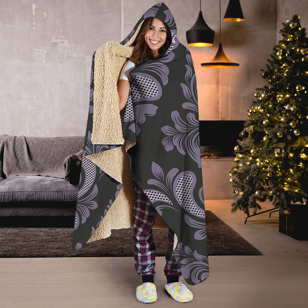 Black And Purple Damask Pattern Print Hooded Blanket