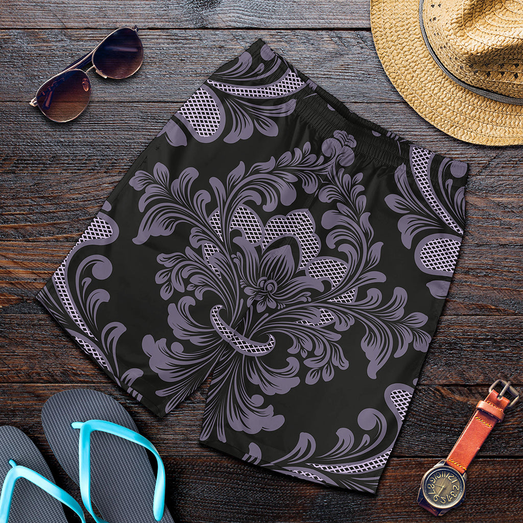 Black And Purple Damask Pattern Print Men's Shorts