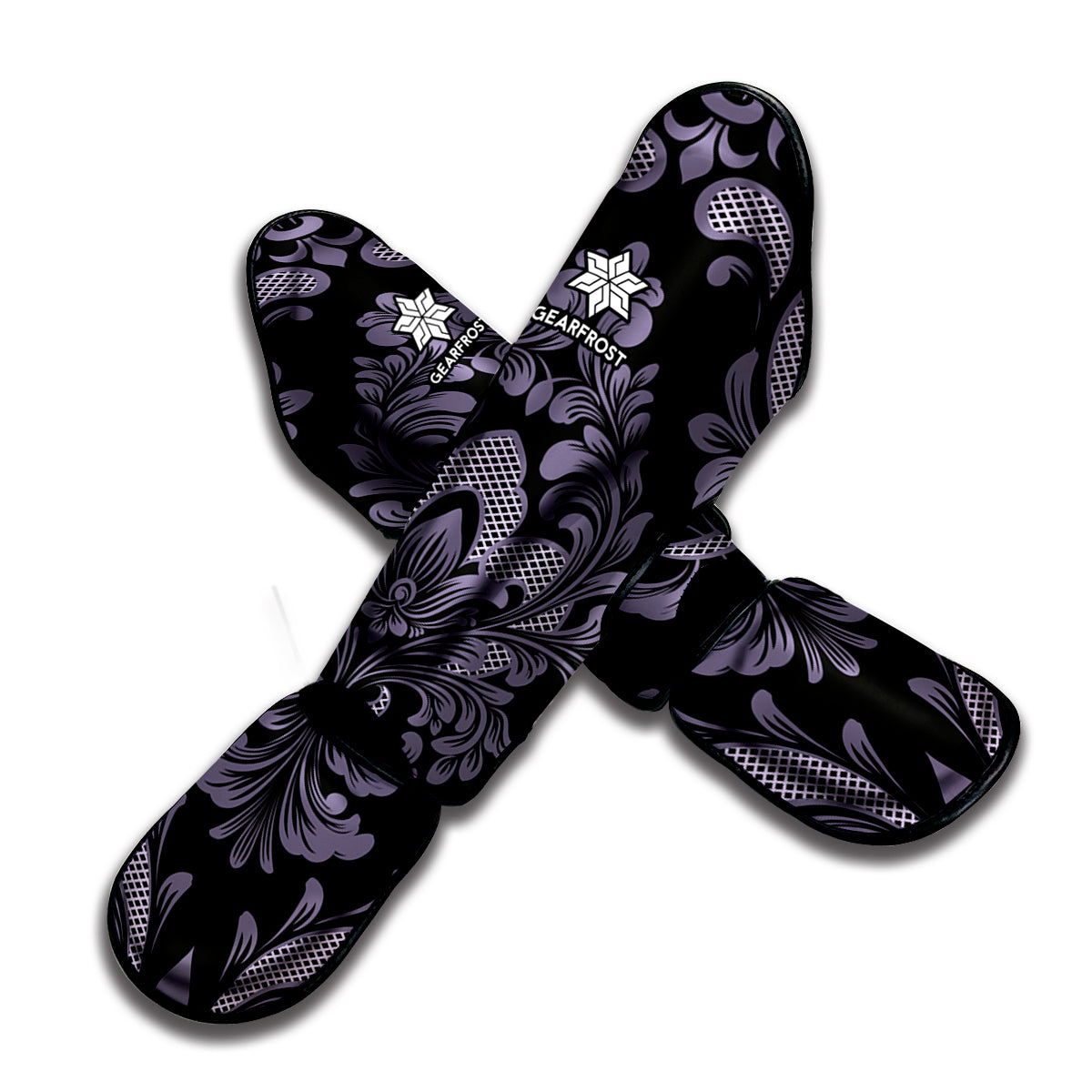 Black And Purple Damask Pattern Print Muay Thai Shin Guard