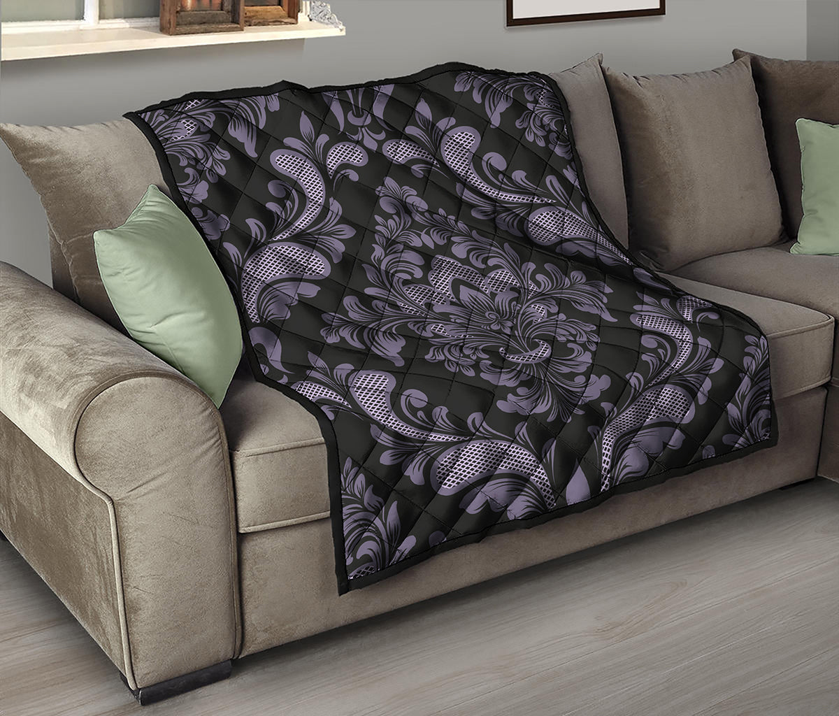 Black And Purple Damask Pattern Print Quilt