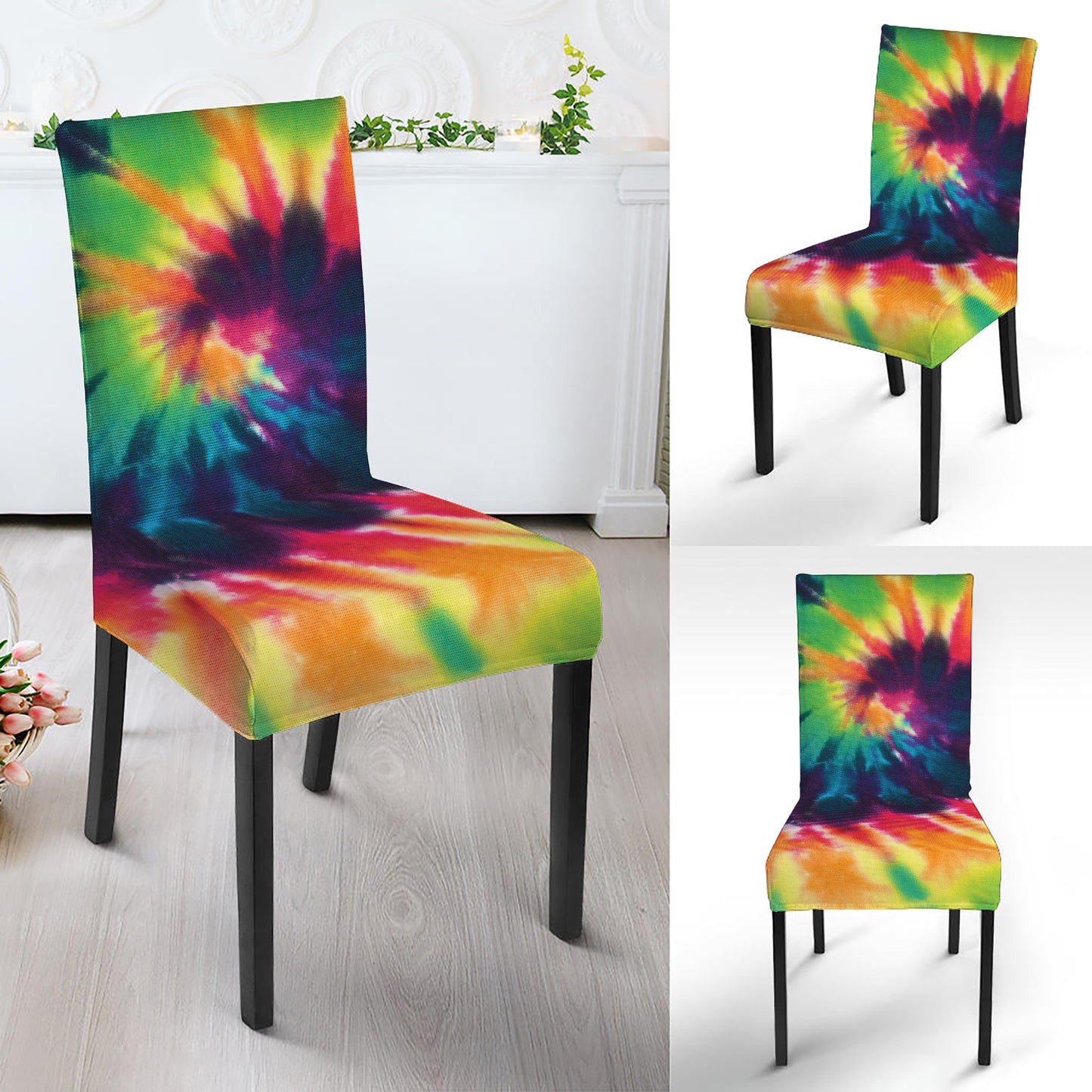 Black And Rainbow Tie Dye Print Dining Chair Slipcover