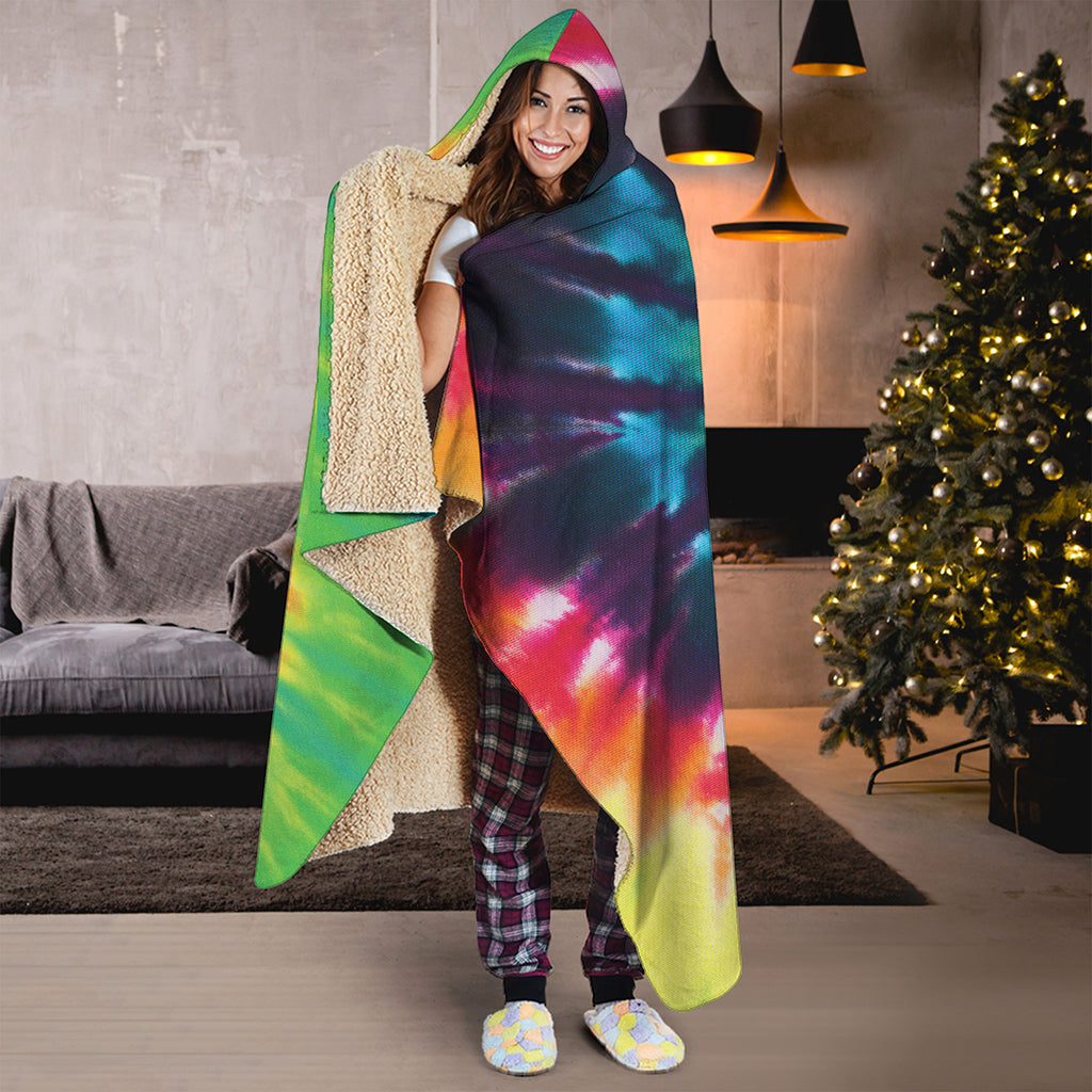 Black And Rainbow Tie Dye Print Hooded Blanket