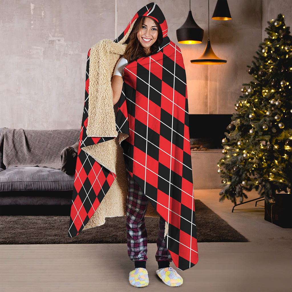 Black And Red Argyle Pattern Print Hooded Blanket