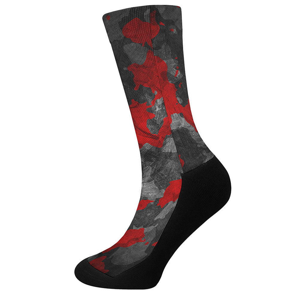 Black And Red Camouflage Print Crew Socks