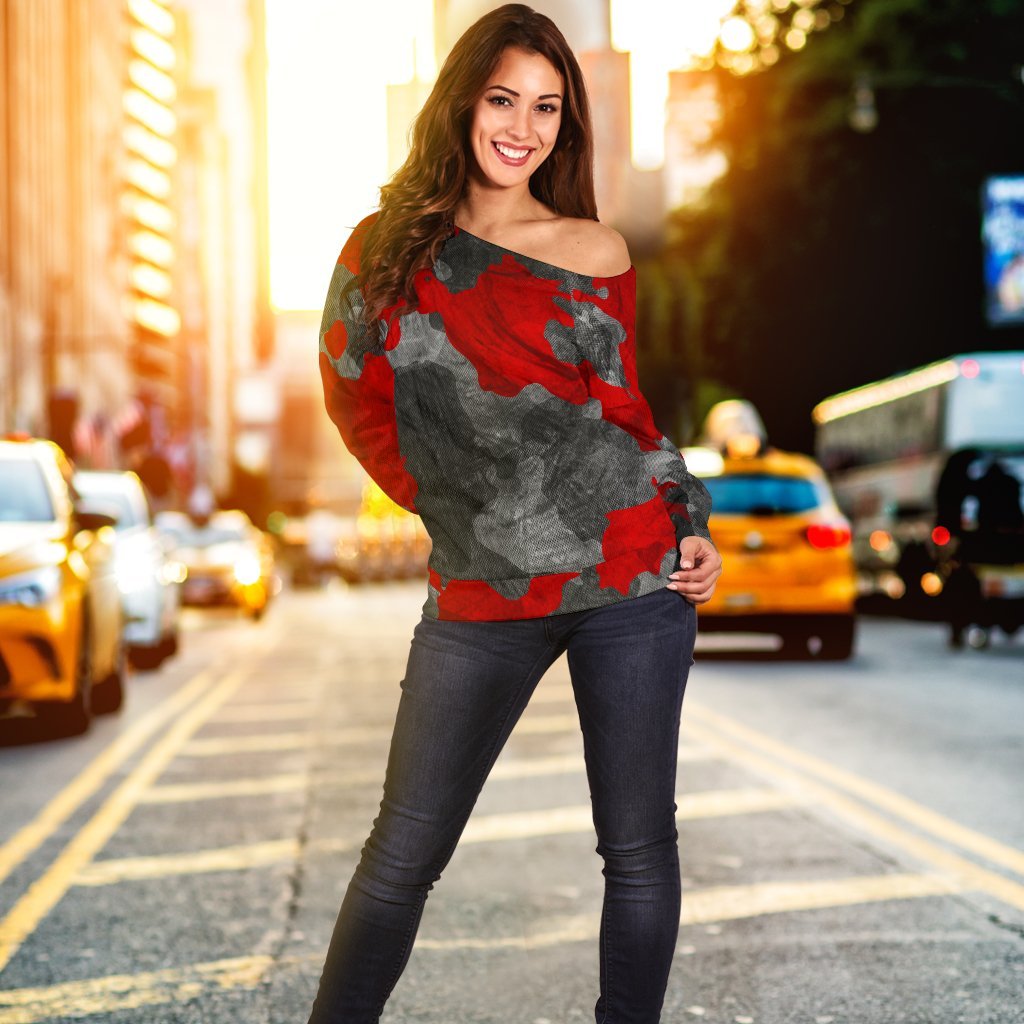 Black And Red Camouflage Print Off Shoulder Sweatshirt GearFrost