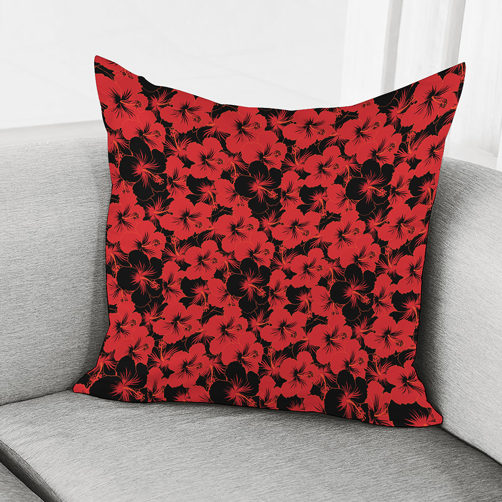 Black And Red Hibiscus Pattern Print Pillow Cover