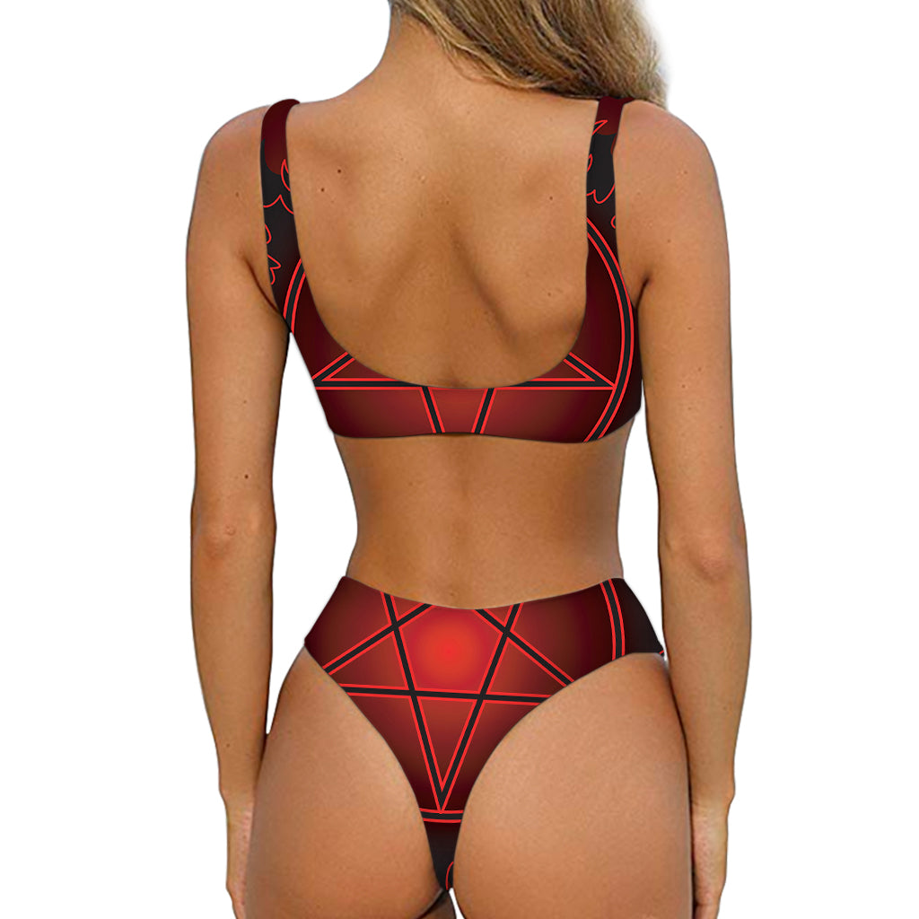 Black And Red Satanic Pentagram Print Front Bow Tie Bikini
