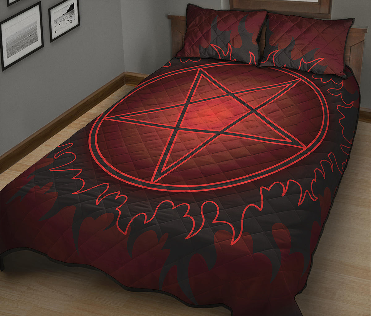 Black And Red Satanic Pentagram Print Quilt Bed Set