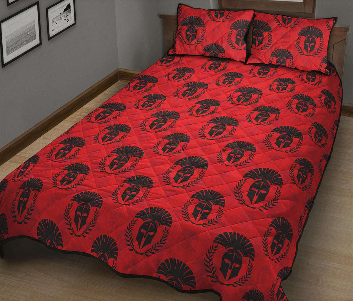 Black And Red Spartan Pattern Print Quilt Bed Set