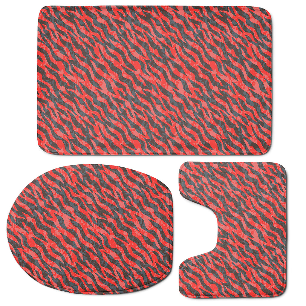 Black And Red Tiger Stripe Camo Print 3 Piece Bath Mat Set