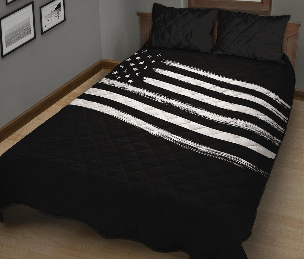 Black And White American Flag Print Quilt Bed Set