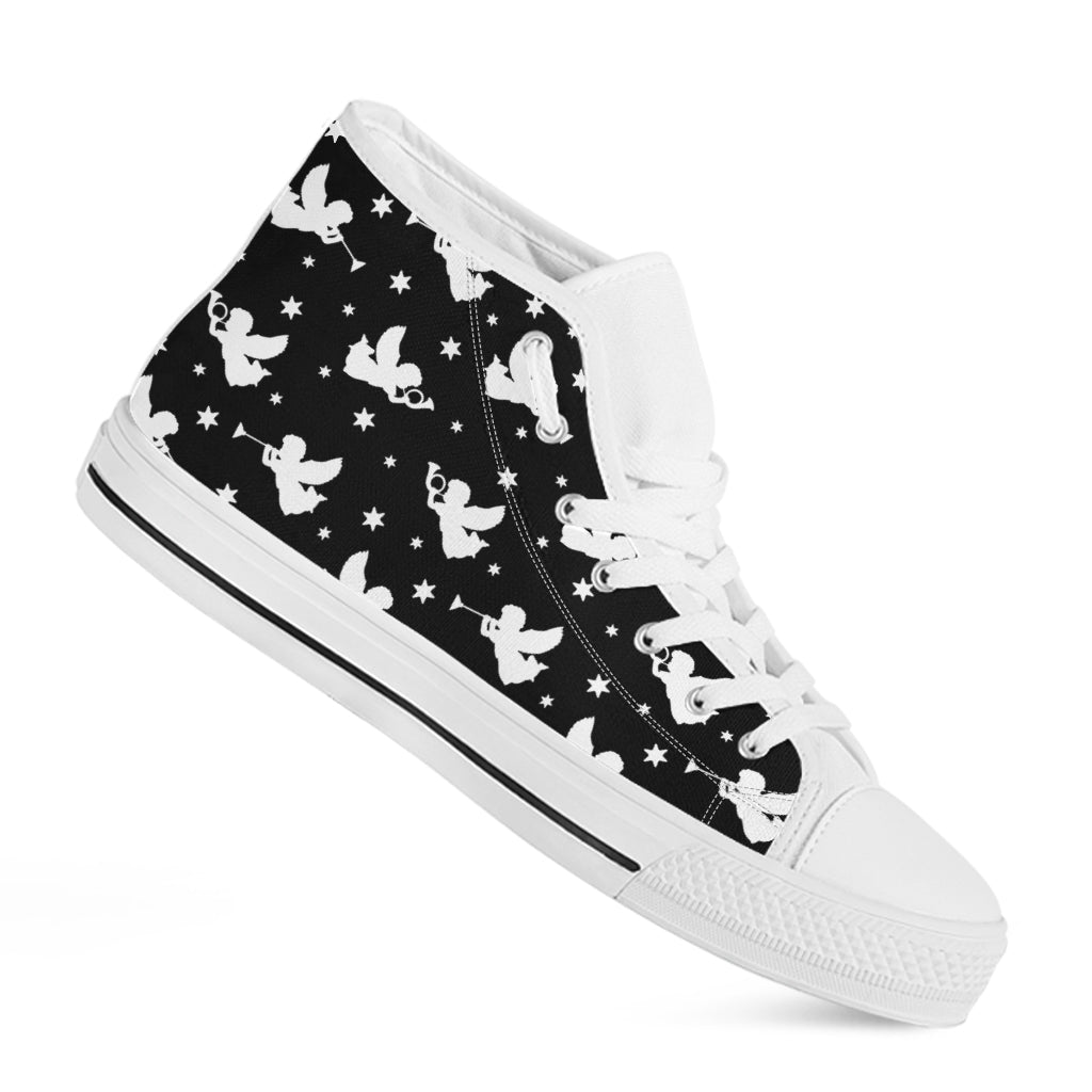 Black And White Angel Pattern Print White High Top Shoes