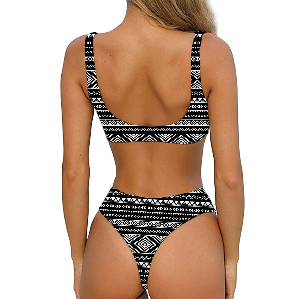 Black And White Aztec Ethnic Print Front Bow Tie Bikini