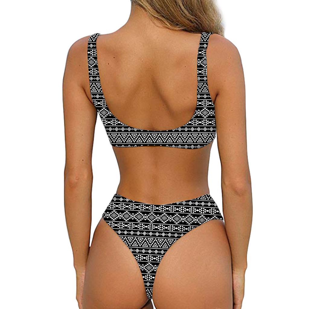 Black And White Aztec Geometric Print Front Bow Tie Bikini