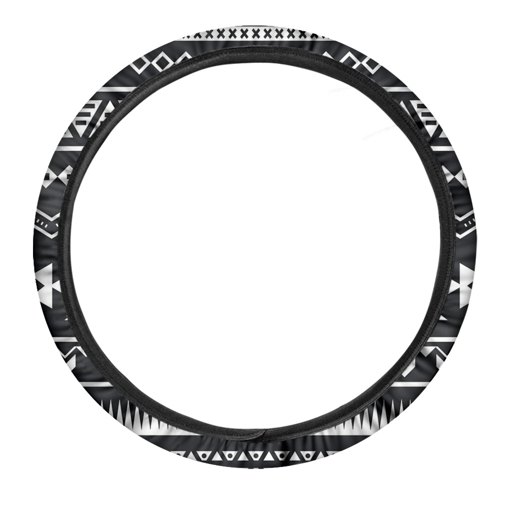 Black And White Aztec Pattern Print Car Steering Wheel Cover