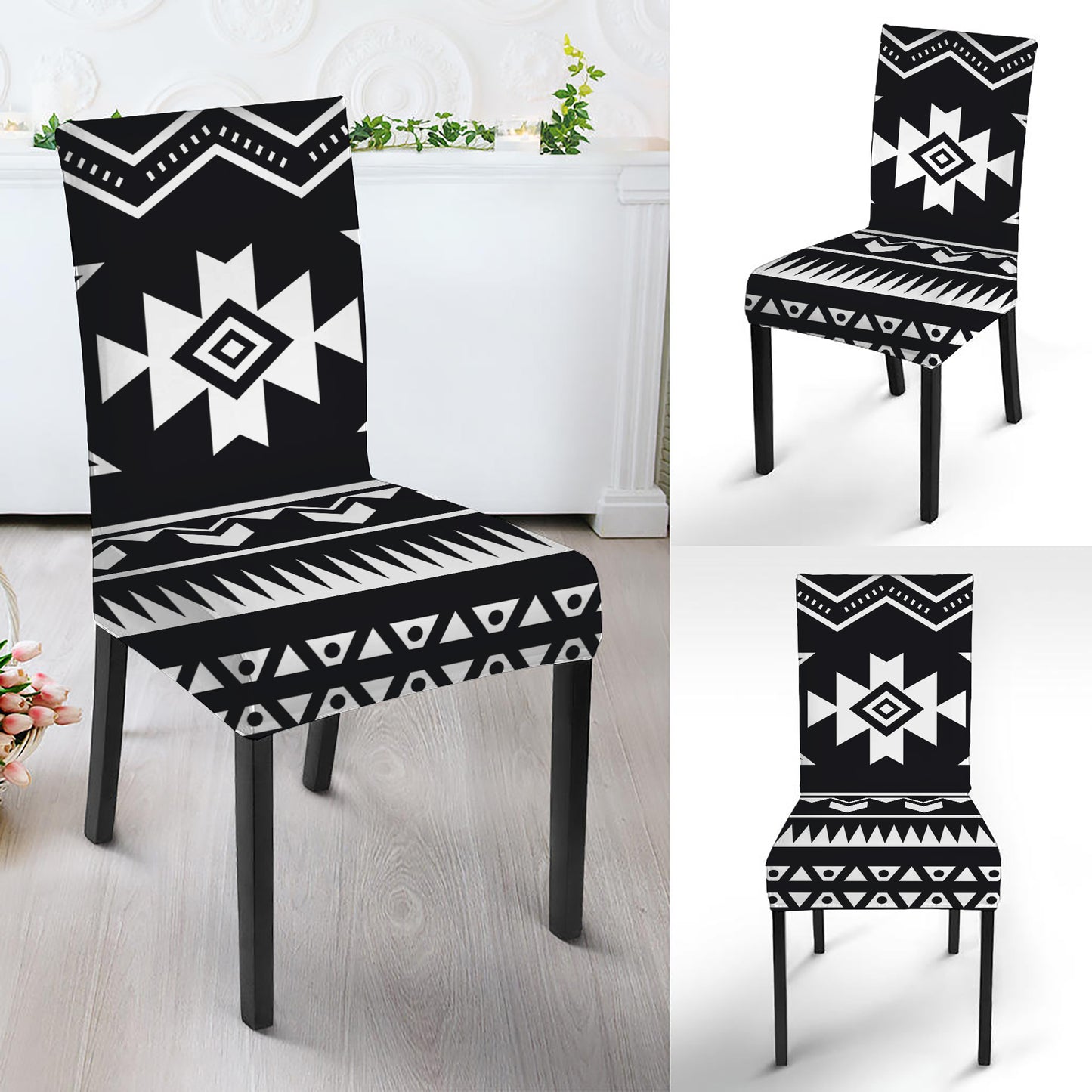 Black And White Aztec Pattern Print Dining Chair Slipcover
