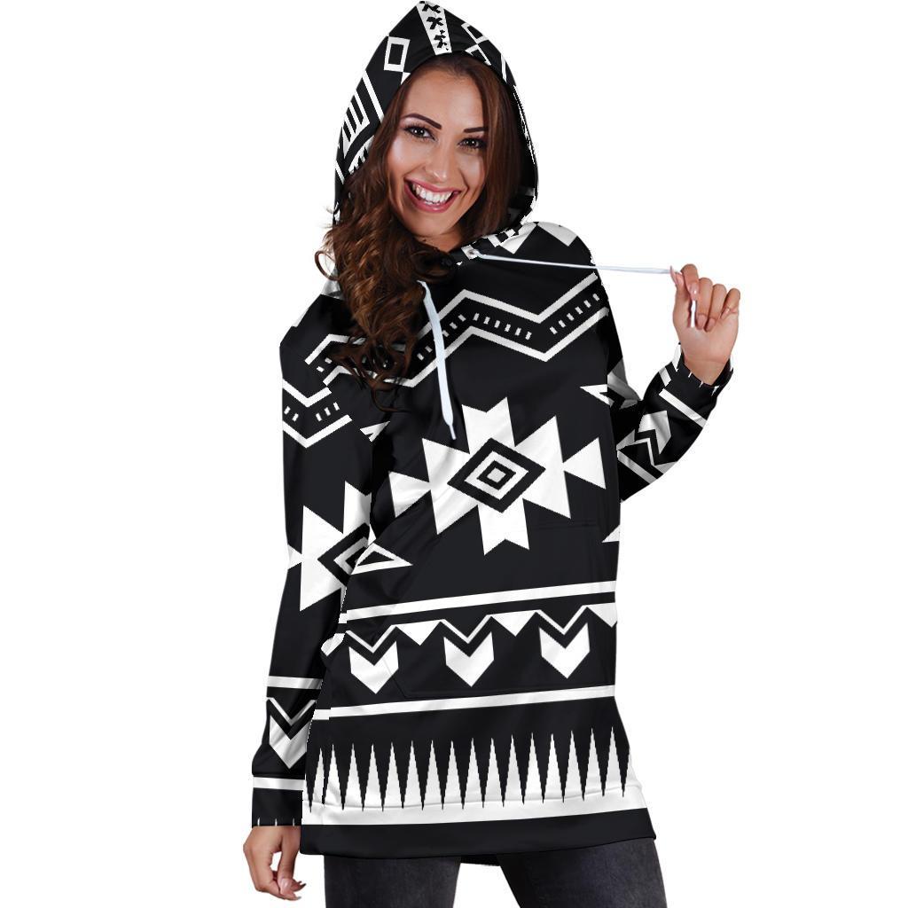 Black And White Aztec Pattern Print Hoodie Dress GearFrost
