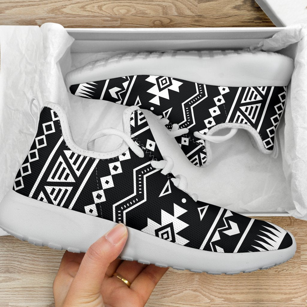 Black And White Aztec Pattern Print Mesh Knit Shoes GearFrost