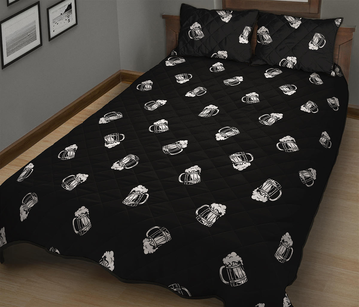 Black And White Beer Pattern Print Quilt Bed Set