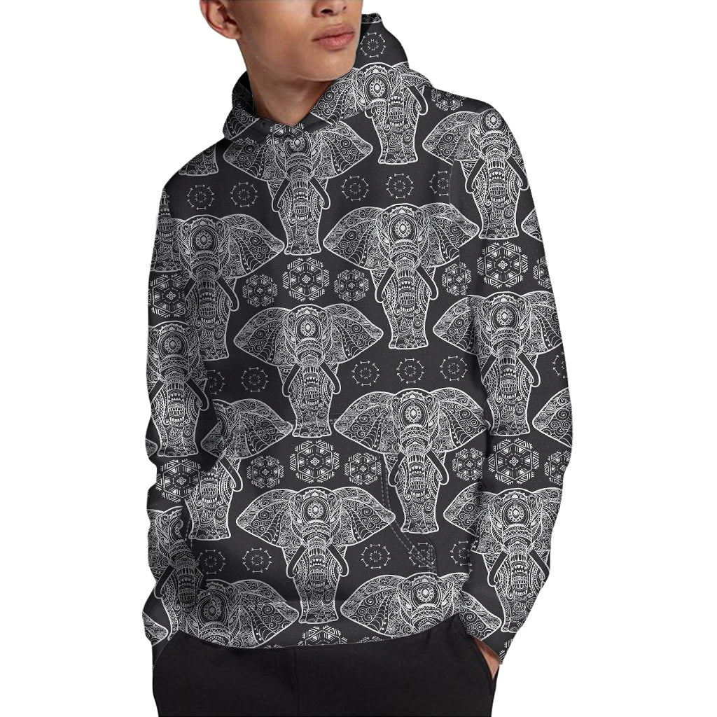 Black And White Boho Elephant Print Pullover Hoodie