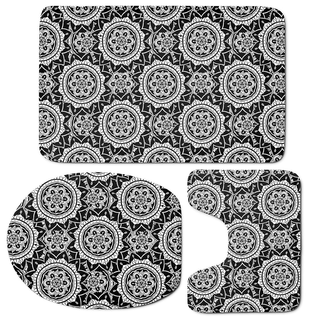 Black And White Boho Mandala Print 3 Piece Bath Mat Set