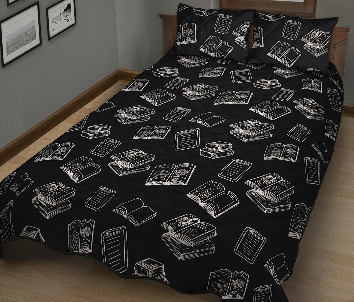Black And White Books Pattern Print Quilt Bed Set