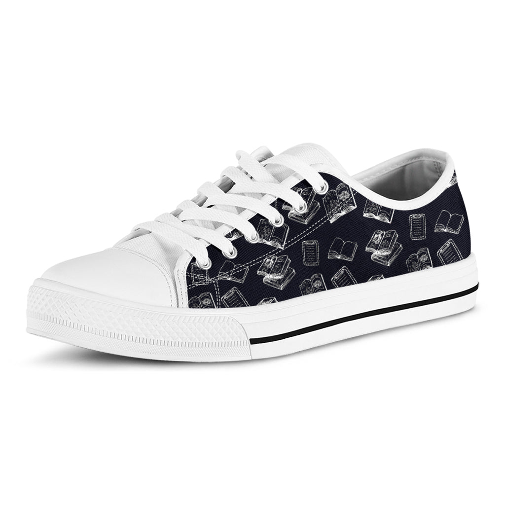 Black And White Books Pattern Print White Low Top Shoes