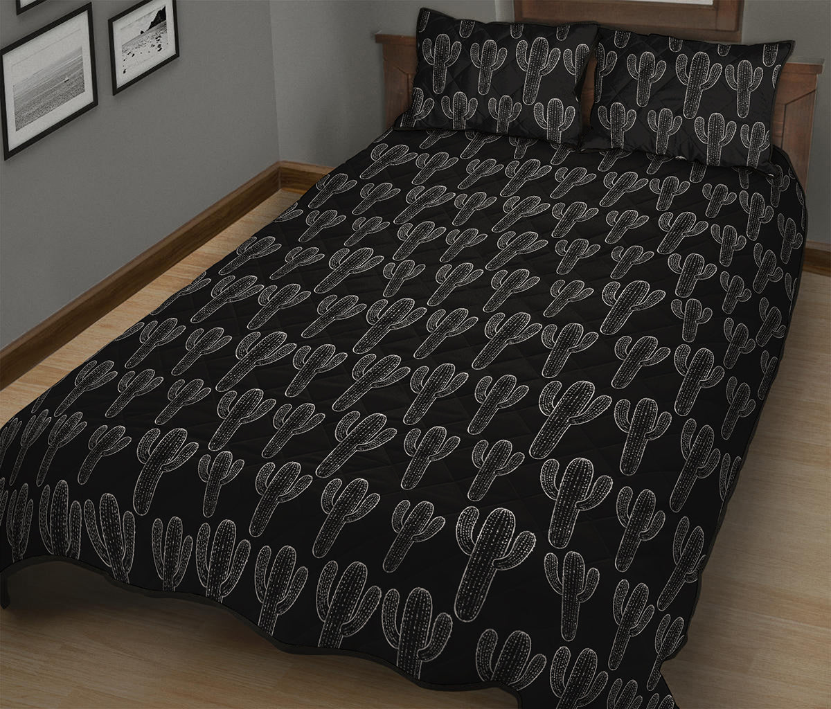 Black And White Cactus Pattern Print Quilt Bed Set
